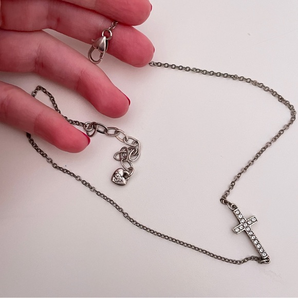 BRIGHTON Silver Tone Rhinestone Minimalist Religious Whimsygoth Cross Necklace - Picture 5 of 9